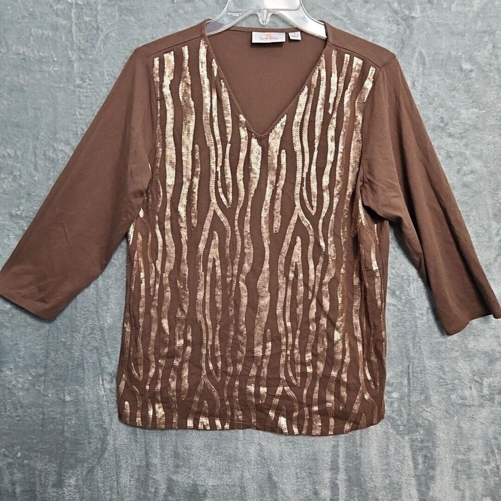 Quacker Factory size small top Brown 3/4 sleeve cotton blend sparkle embellished